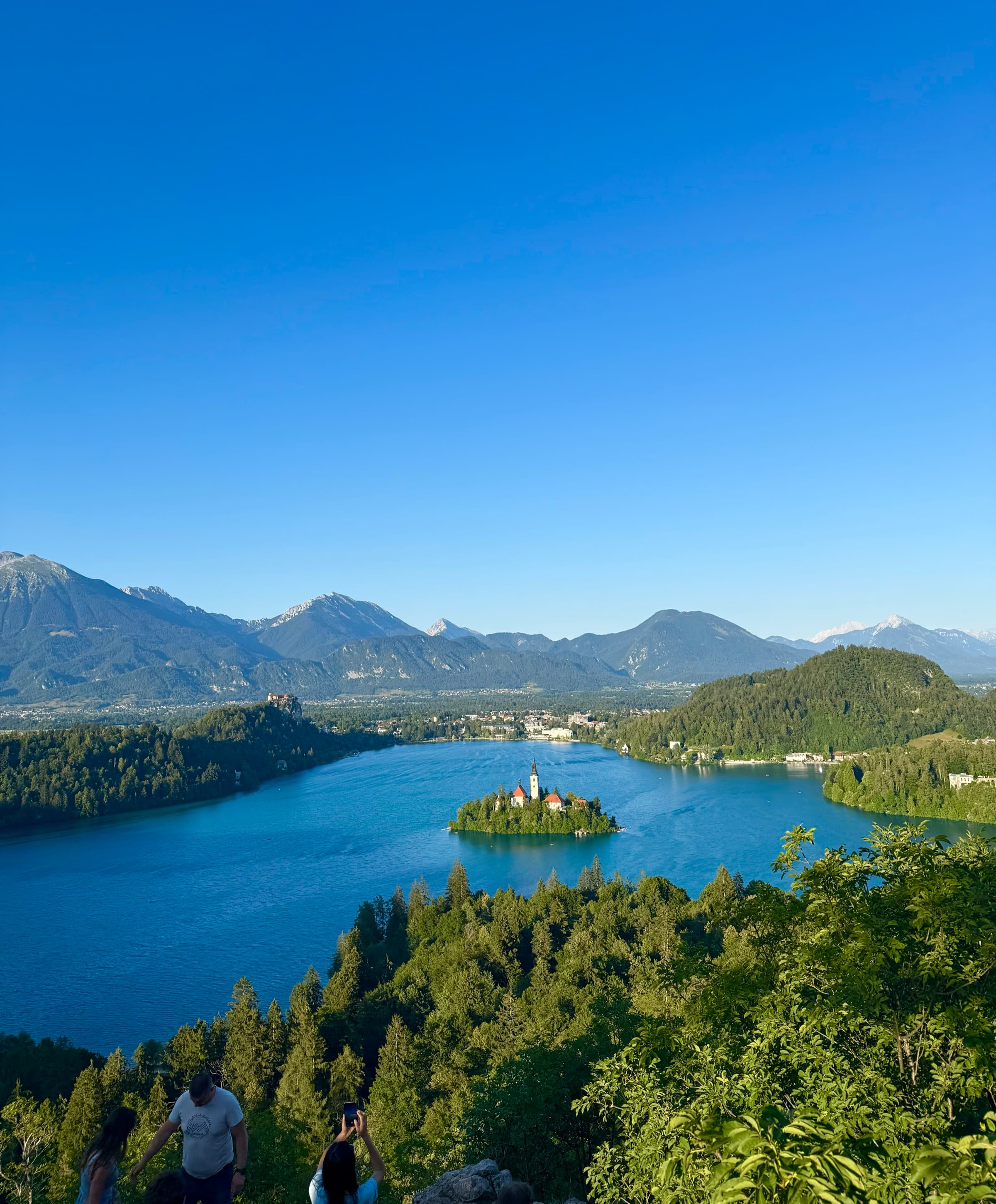 Lake Bled, its island church and the Julian Alps